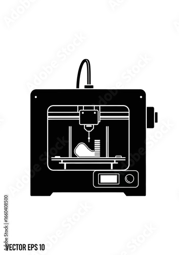 Black and white vector illustration of a 3D printer in operation, creating a 3D object.