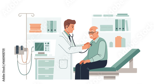 Flat illustration of a doctor using a stethoscope to examine an elderly patient in a medical office, symbolizing senior healthcare, diagnosis, and professional medical support