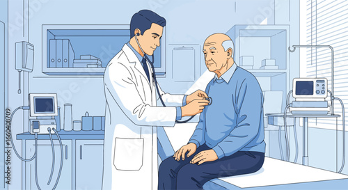Flat illustration of a doctor using a stethoscope to examine an elderly patient in a medical office, symbolizing senior healthcare, diagnosis, and professional medical support
