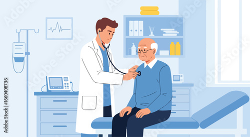 Flat illustration of a doctor using a stethoscope to examine an elderly patient in a medical office, symbolizing senior healthcare, diagnosis, and professional medical support