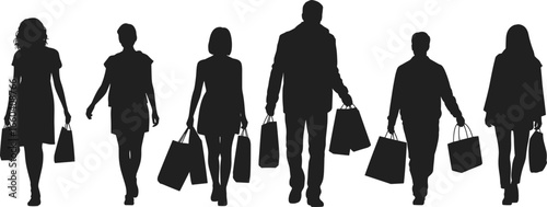 Silhouettes of shoppers walking, carrying bags, retail shopping scene, people, commerce, lifestyle