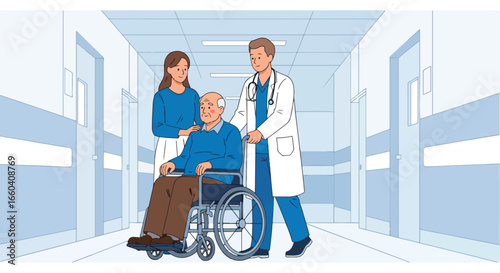 Flat illustration of a doctor and caregiver assisting an elderly man in a wheelchair along a hospital hallway, symbolizing senior healthcare, support, and compassionate medical care