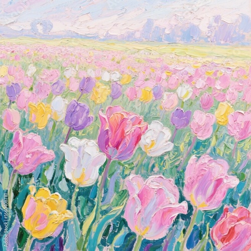 tulips in the garden oil painting, impasto technique