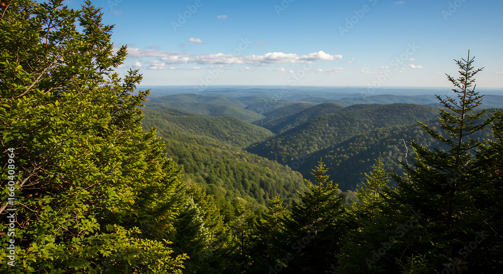 Fototapeta premium Scenic mountain landscape with dense evergreen forests stretching across a vast green valley
