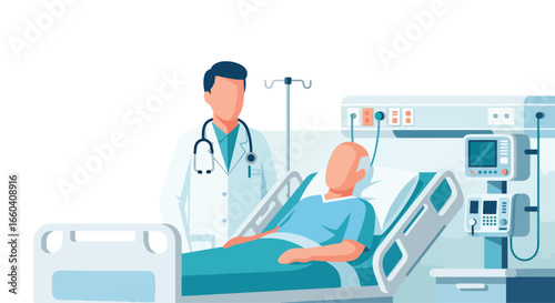 Flat illustration of a smiling doctor talking with an elderly patient in a hospital bed, representing senior healthcare, medical support, and positive patient recovery experience