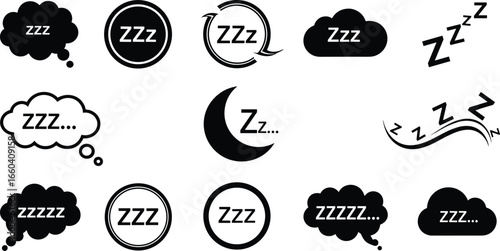 Sleep icon set, Z letter symbols, tiredness vector, nap illustration, moon and cloud, dream concept, rest, black silhouette