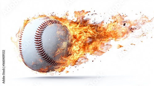 Dynamic Flying Baseball Ball with Fiery Trail on White Background