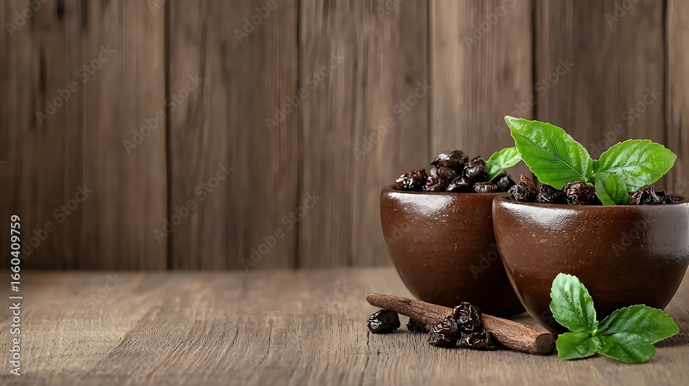 Fototapeta premium Fresh herbs and dried berries in bowls on wooden table with rustic background for culinary inspiration and natural cooking