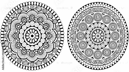 Two oval shaped black and white floral mandalas with intricate patterns and symmetrical designs shown |  editable eps vectors silhouette