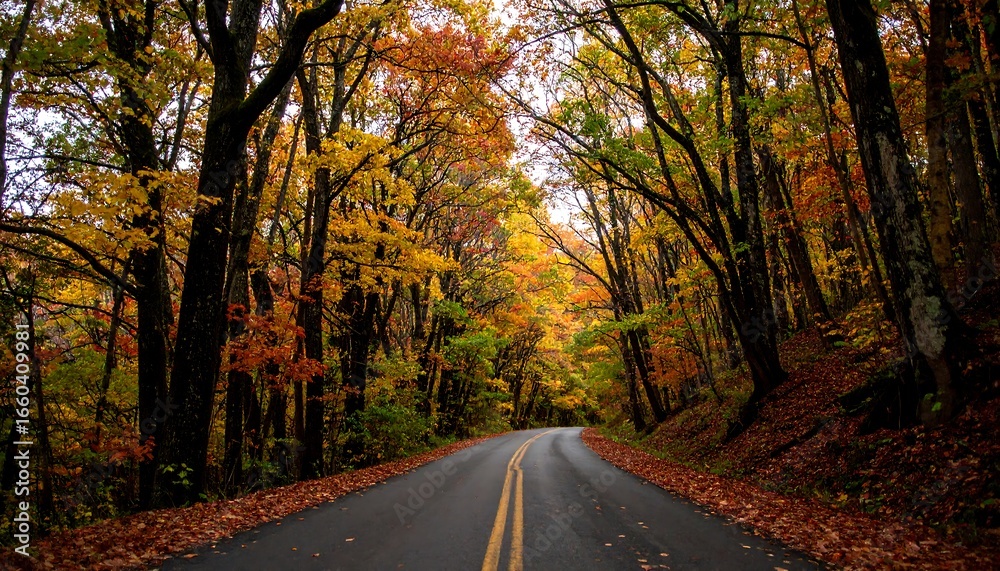 Obraz premium A scenic autumnal road winds through a vibrant forest canopy, showcasing a spectrum of fall foliage.