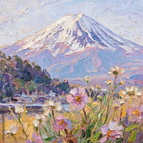 mt fuji in autumn oil painting, impasto technique