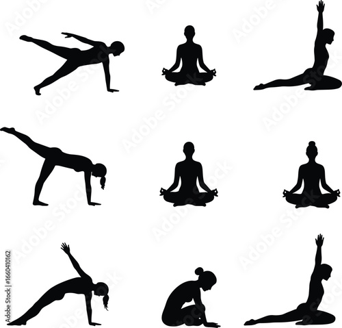 A set of yoga poses silhouettes, showing different meditation and stretching exercises in black and white vector illustrations, isolated on a white background.