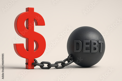 Debt financial burden concept, red dollar sign chained to heavy ball, money crisis pressure, economic hardship and loan stress, bankruptcy risk, financial struggle metaphor, personal finance problem a