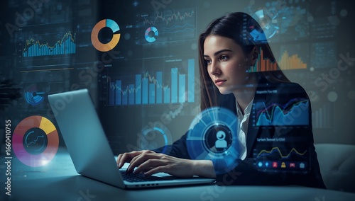 Woman data analyst with business dashboards and cybersecurity icons in modern office