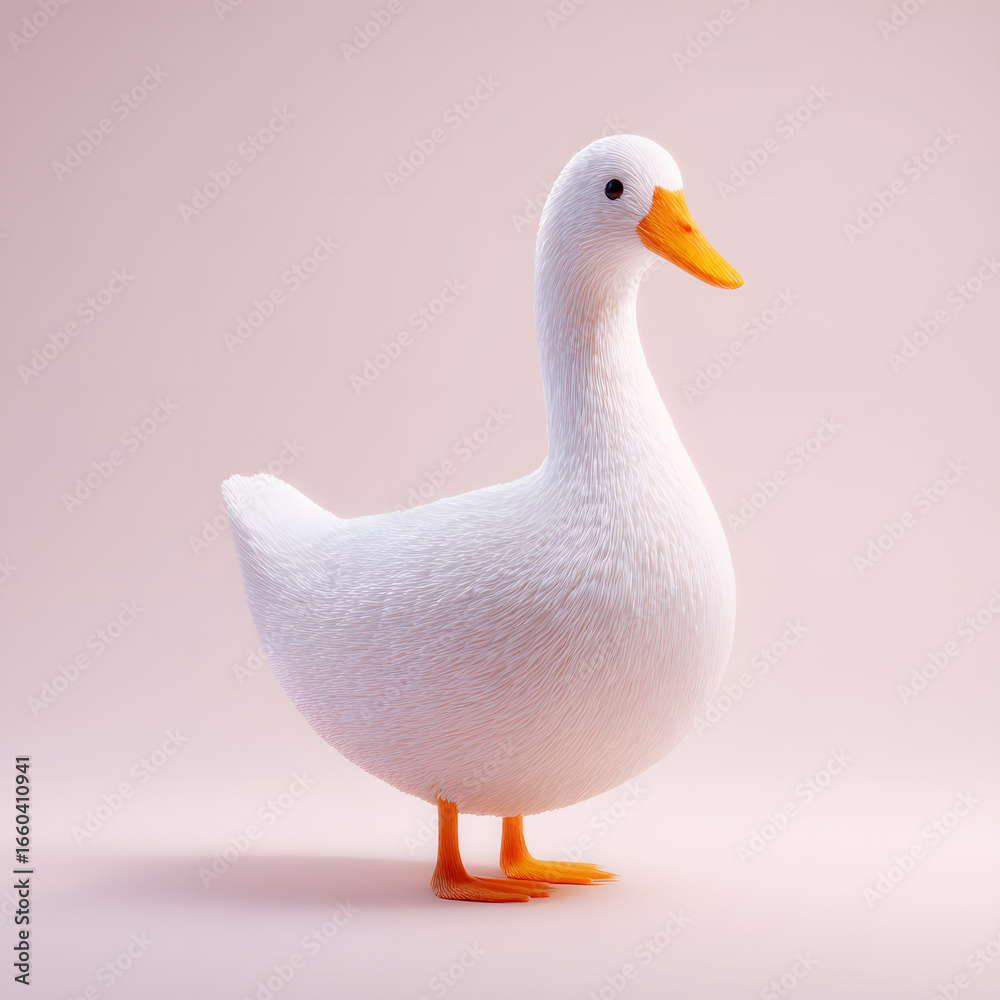 Obraz premium White goose standing on pastel pink background, detailed volumetric 3D model with soft feathers, orange beak and feet, calm and serene expression, studio lighting
