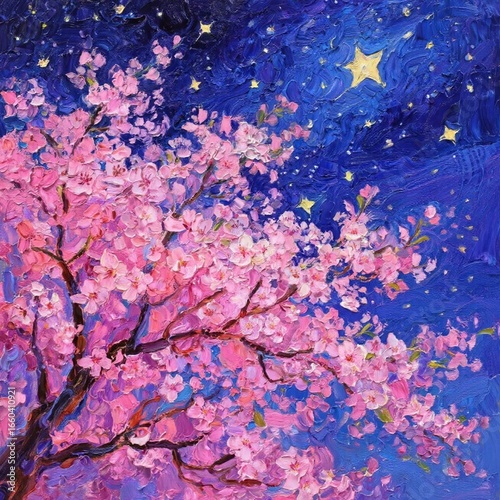 pink cherry blossom at night and star in the sky oil painting, impasto technique