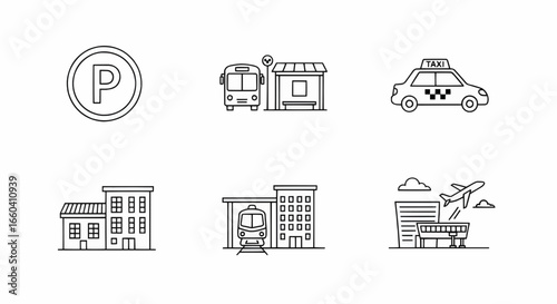 Building and architecture vector icons including houses, apartments, and public facilities in clean line art style for urban planning and real estate design.