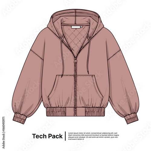 Fashion Technical Design Stylish Sweatshirt Jacket with Zipper and Hood - Tech Pack Ready