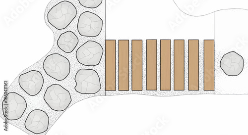 Decorative top view garden design vector illustration with stone pathway, wooden terrace, and circular plants for landscaping and outdoor planning.