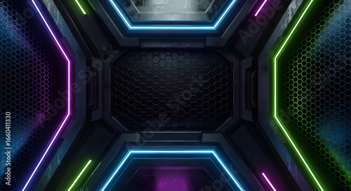 Futuristic neon tunnel with geometric patterns and glowing lights