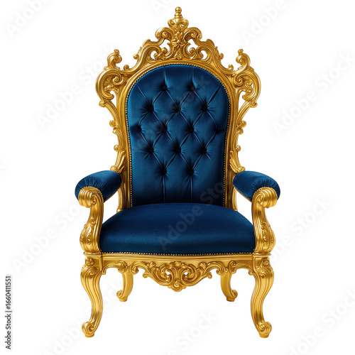 Ornate golden throne with blue velvet isolated illustration on transparent background