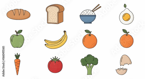 Colorful fruit and food vector icons including apple, banana, bread, tomato, cheese, and vegetables for healthy eating and nutrition design.