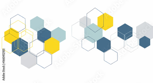 Abstract geometric hexagon vector design in blue and yellow color palette representing science, technology, and digital modern background structure.