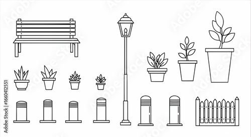 Decorative doodle icons of garden furniture and potted plants including bench, chair, lamp, and flowers for outdoor lifestyle design.