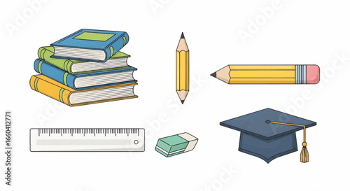 Education and study vector icons including stack of books, graduation cap, pencil, and notebook representing academic knowledge and learning.