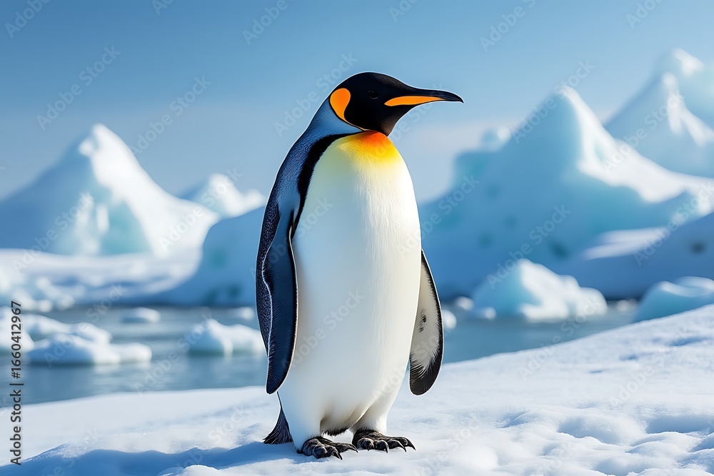 Fototapeta premium a majestic king penguin stands proudly in a snowy antarctic landscape under a clear blue sky