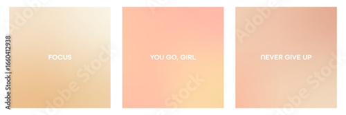 Set of peach and pink gradient background with soft pastel color. Abstract backdrop with trendy phrases.