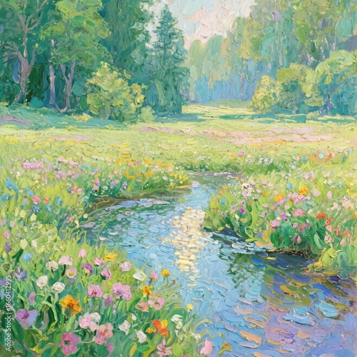 pond with flowers oil painting, impasto technique