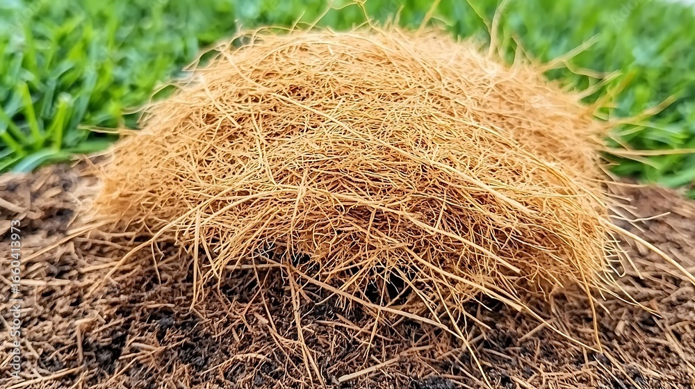 Naklejka premium Close-Up of Natural Organic Material in Brown Earthy Setting with Green Grass Background and Textured Soil
