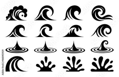 Collection of stylized black and white water wave and splash icons