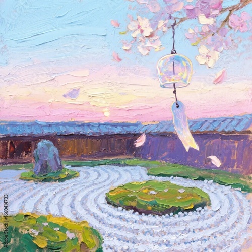 Zen garden japanese oil painting, impasto technique