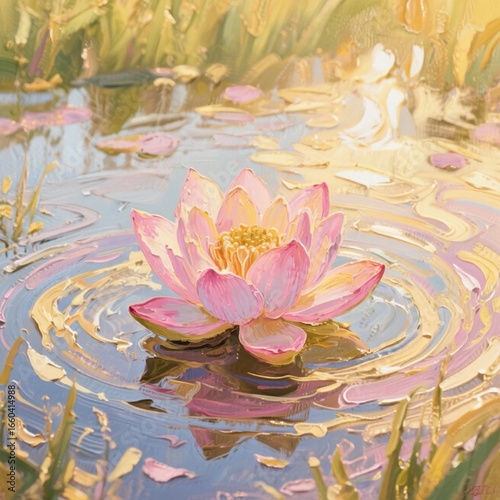 water lily in the pond lotus oil painting, impasto technique