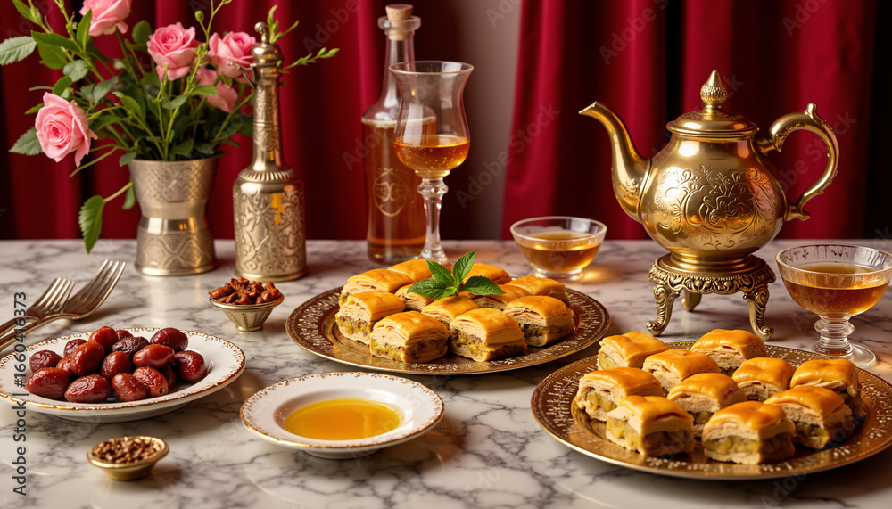 Fototapeta premium Traditional Middle Eastern dessert spread with tea and dates
