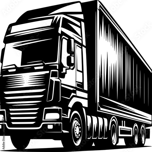 Truck Illustration: A bold, graphic depiction of a powerful cargo truck, the epitome of modern transport, rendered in striking black and white.