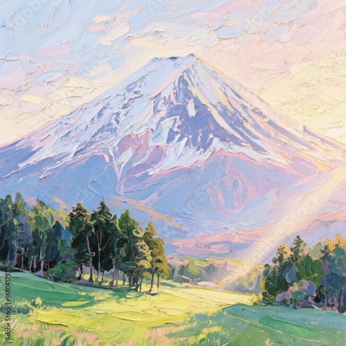 mountain landscape in the morning oil painting, impasto technique
