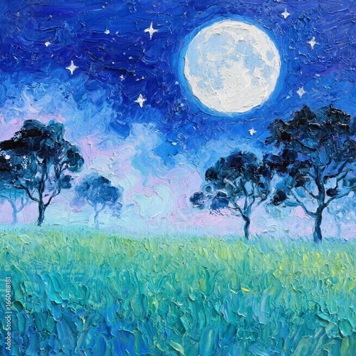 landscape with tree and moon oil painting, impasto technique