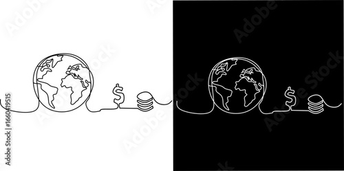 Minimalist continuous line art of Earth, dollar sign, and coin stack, symbolizing global finance, economy, investment, currency exchange, and world trade