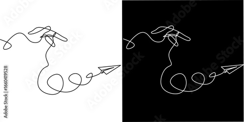 Minimalist continuous line art of a hand launching a paper airplane, symbolizing creativity, freedom, travel, innovation, dreams, business vision, and imagination.
