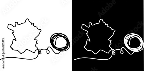 Minimalist continuous line art of France map with Eiffel Tower symbol, representing travel, tourism, culture, identity, heritage, and modern abstract design.