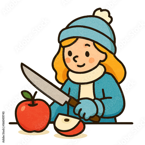 Winter Girl Cutting Apple—Flat Vector Illustration for Seasonal Food, Cozy Kitchen Scenes, and Holiday Design Projects.