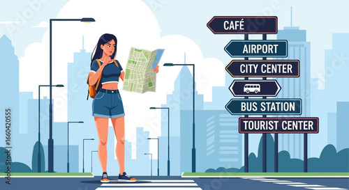Vector illustration of a sexy female tourist with a backpack and map standing at a city crossroads with direction signs, symbolizing travel, exploration, and urban adventure