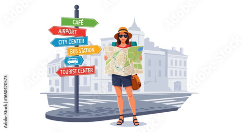 Vector illustration of a sexy female tourist with a backpack and map standing at a city crossroads with direction signs, symbolizing travel, exploration, and urban adventure