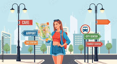 Vector illustration of a sexy female tourist with a backpack and map standing at a city crossroads with direction signs, symbolizing travel, exploration, and urban adventure
