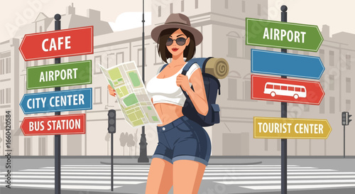 Vector illustration of a sexy female tourist with a backpack and map standing at a city crossroads with direction signs, symbolizing travel, exploration, and urban adventure