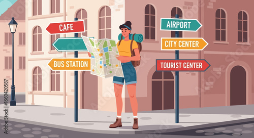 Vector illustration of a sexy female tourist with a backpack and map standing at a city crossroads with direction signs, symbolizing travel, exploration, and urban adventure