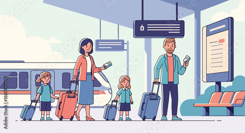 Vector illustration of a family with luggage and tickets at a train station, symbolizing travel, vacation, family trip, and modern transportation